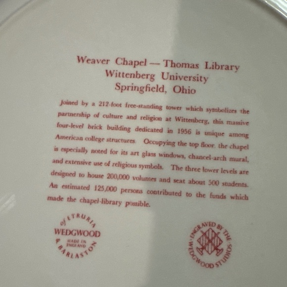 2 Wedgwood Wittenberg Univ 10" Red plates - Weaver Chapel & Recitation Hall - Picture 5 of 5